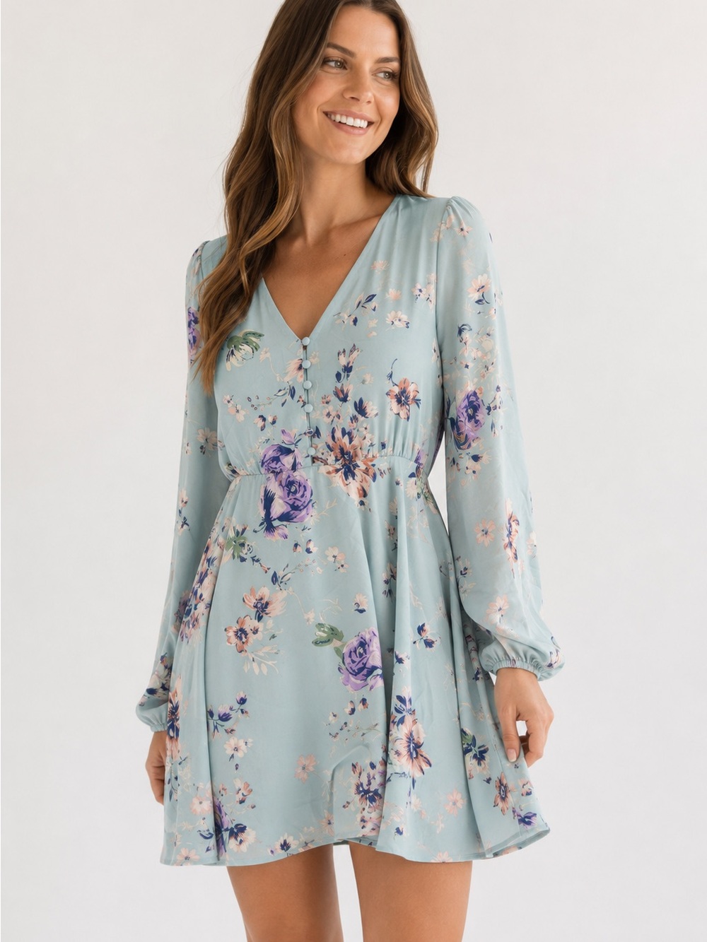Lulus XS Blue Floral Long Sleeve Tie Back Mini Dress